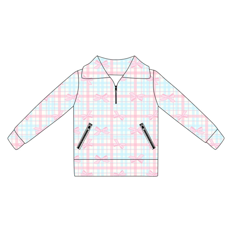 ( Moq 5 ) Preorder Baby Girl Long Sleeves Bows Plaid Pockets Yoga Active Zipper Shirt