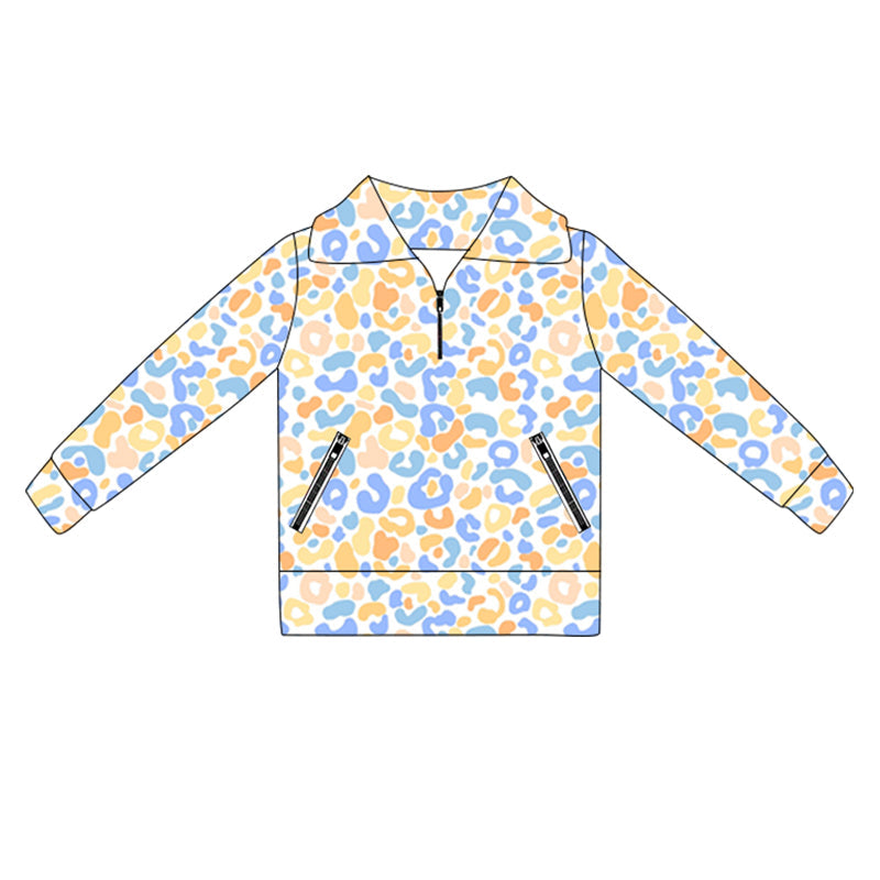 ( Moq 5 ) Preorder Baby Girl Long Sleeves Leopard Pockets Zipper Yoga Active Shirt Tops