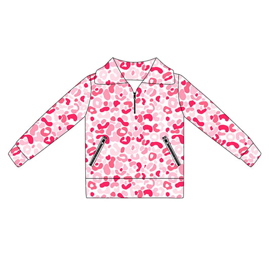 ( Moq 5 ) Preorder Baby Girl Toddler Pink Leopard Long Sleeves Pockets Yoga Active Zipper Shirt Tops