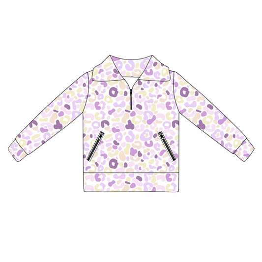 ( Moq 5 ) Preorder Long Sleeves Purple Leopard Pockets Yoga Active Zipper Shirt Pullover Tops
