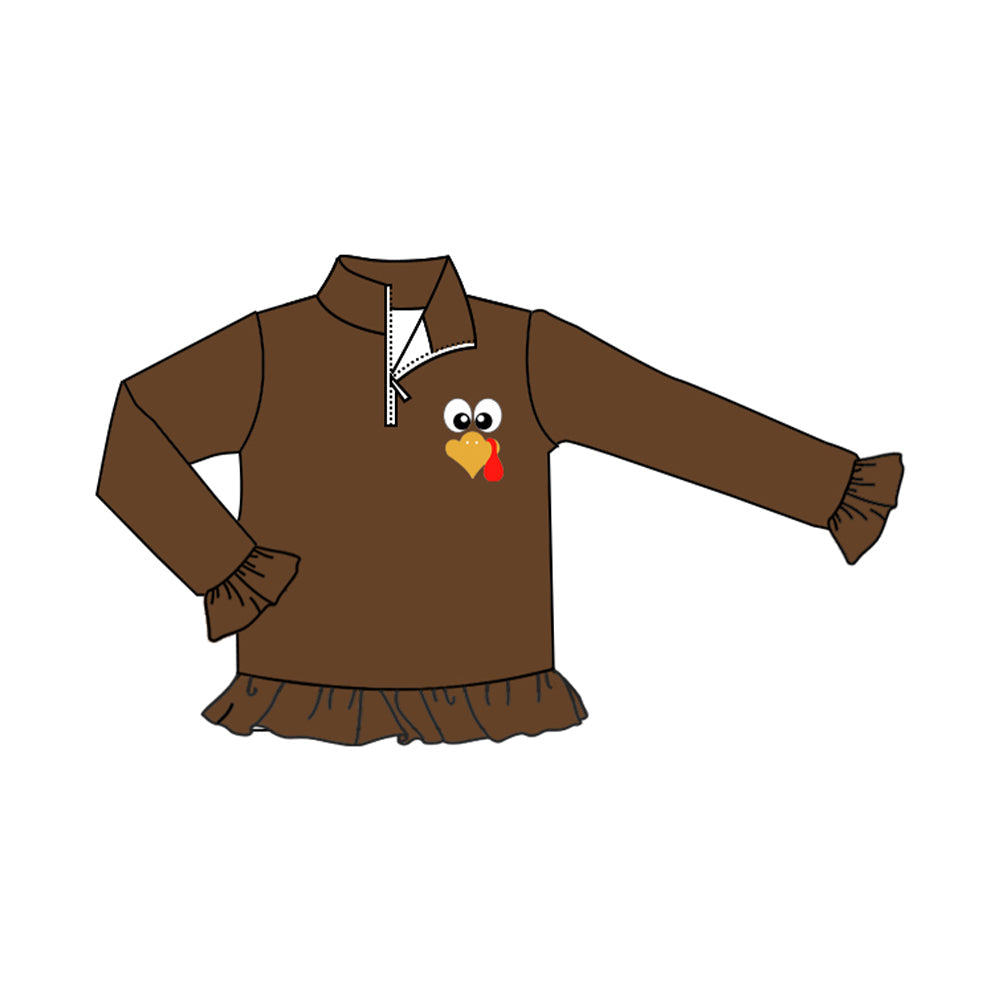 ( Moq 5 ) Preorder Baby Girl Brown Long Sleeves Zipper turkey Thanksgiving Shirt Tops