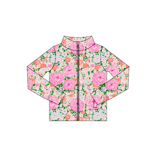 ( Moq 5 ) Preorder Baby Girl Long Sleeves Flower Pockets Yoga Active Zipper Shirt Tops