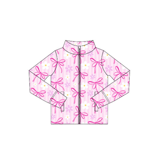 ( Moq 5 ) Preorder Baby Girl Long Sleeves Pink Plaid Flower Bows Pockets Yoga Active Zipper Shirt Tops
