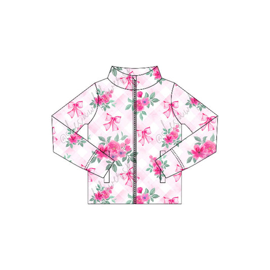 ( Moq 5 ) Preorder Baby Girl Long Sleeves Pink Plaid Flower Bows Pockets Yoga Active Zipper Shirt Tops