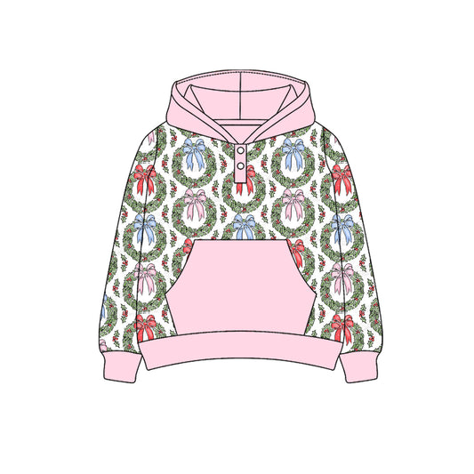 ( Moq 5 ) Preorder Baby Girl Long Sleeves Bows Pink Pocket Hoodie Christmas Shirt Tops