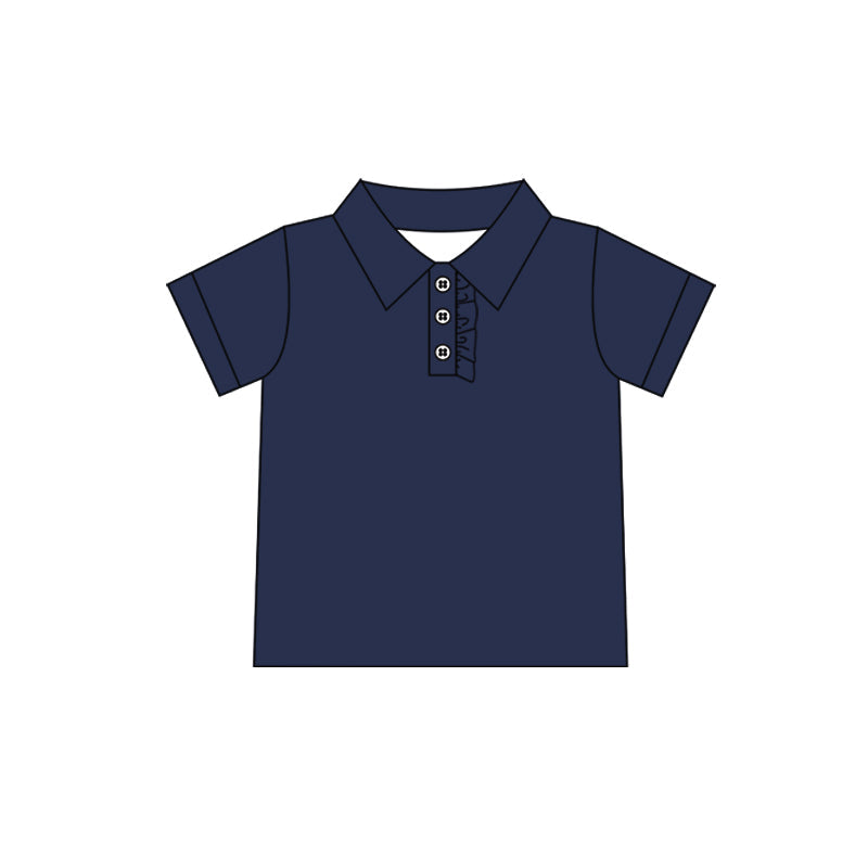 ( Moq 5 ) Preorder Baby Girl Navy Short Sleeves Button Cotton Shirt Tops
