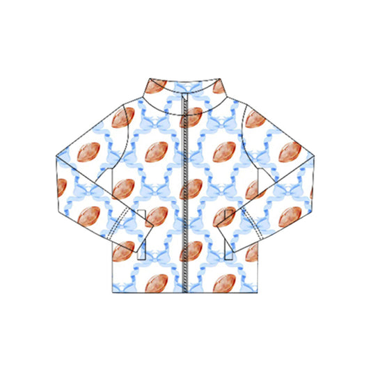 ( Moq 5 ) Preorder Baby Girl Long Sleeves Blue Bows Football Zipper Pockets Yoga Active Shirt Tops