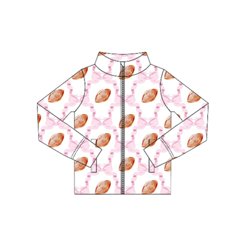 ( Moq 5 ) Preorder Baby Girl Long Sleeves Pink Bows Footballs Zipper Pockets Yoga Active Shirt Tops