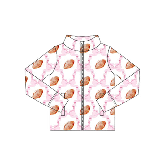 ( Moq 5 ) Preorder Baby Girl Long Sleeves Pink Bows Footballs Zipper Pockets Yoga Active Shirt Tops