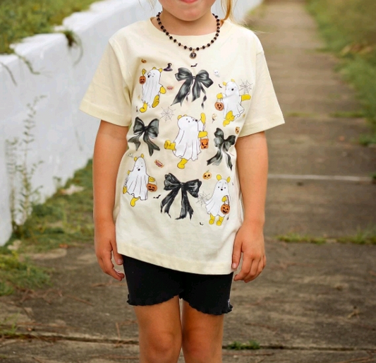 ( Moq 5 ) Preorder Baby Girl Short Sleeves Ghost Pumpkin Bows Halloween Shirt Tops