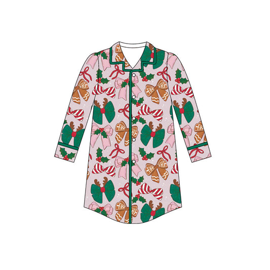 ( Moq 5 ) Preorder Adult Women Long Sleeves Christmas Bows Holly Buttons Pajamas Shirt Tops