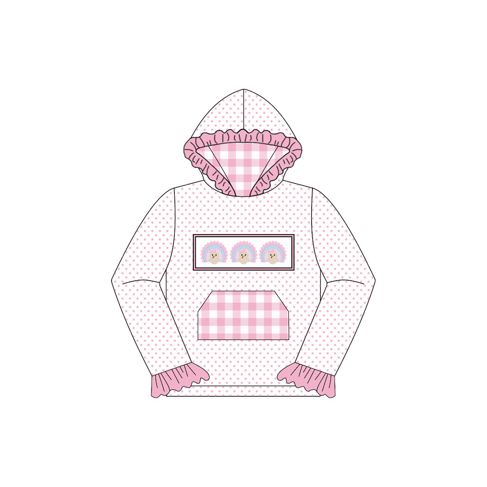 ( Moq 5 ) Preorder Baby Girl Long Sleeves turkey Plaid Pocket Hoodie Pink Fall Shirt