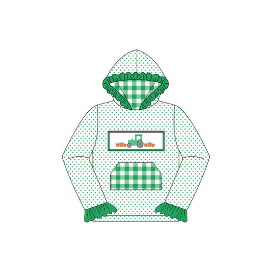 ( Moq 5 ) Preorder Baby Girl Long Sleeves Tractor Pumpkins Plaid Pocket Hoodie Green Fall Shirt
