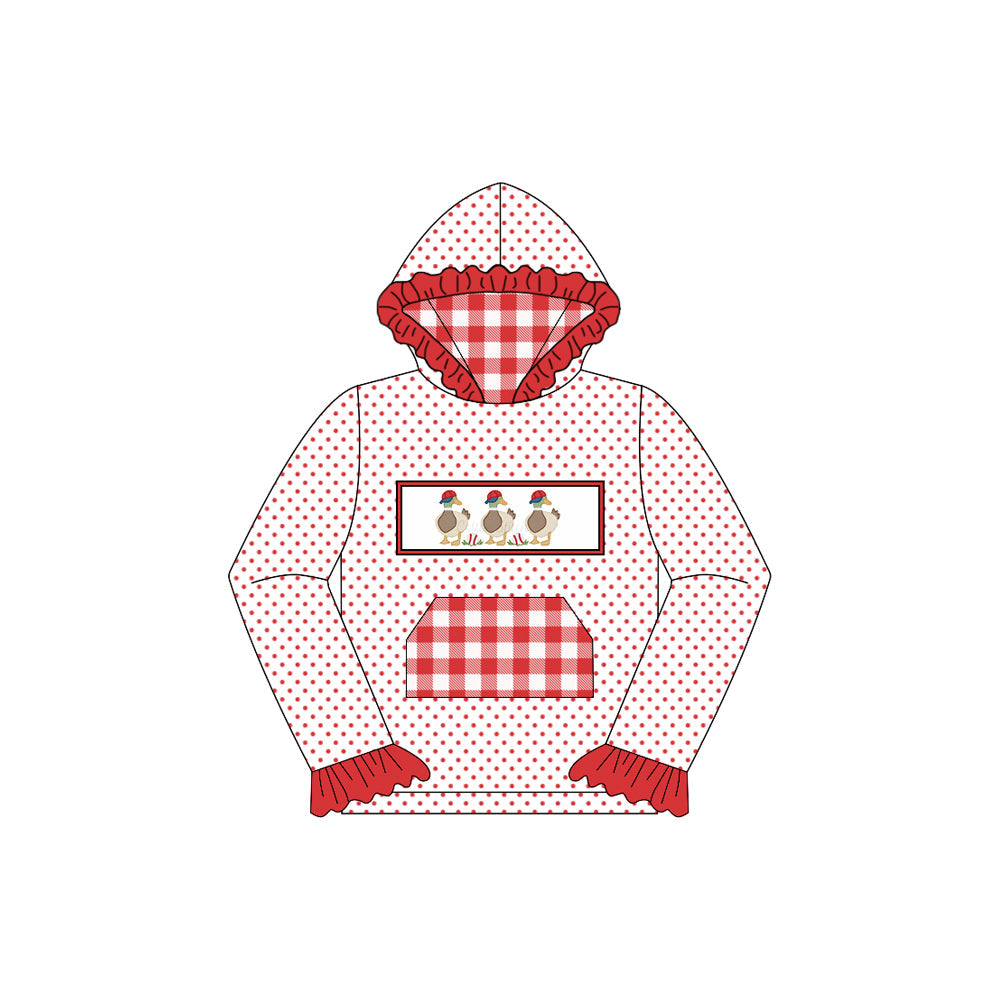 ( Moq 5 ) Preorder Baby Girl Long Sleeves Ducks Baseball Red Plaid Pocket Hoodie Shirt