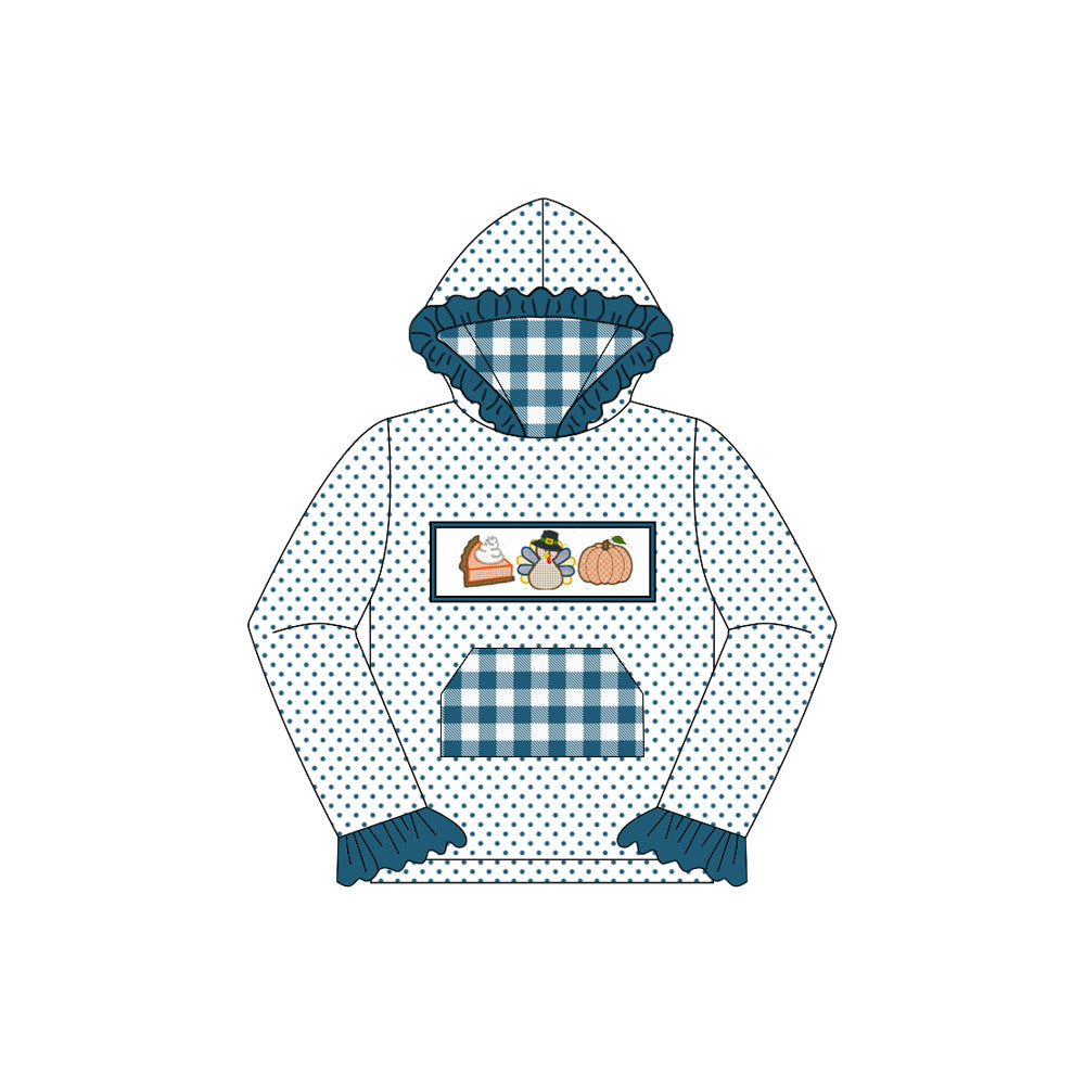 ( Moq 5 ) Preorder Baby Girl Long Sleeves turkey Pumpkin Pie Plaid Pocket Hoodie Fall Shirt