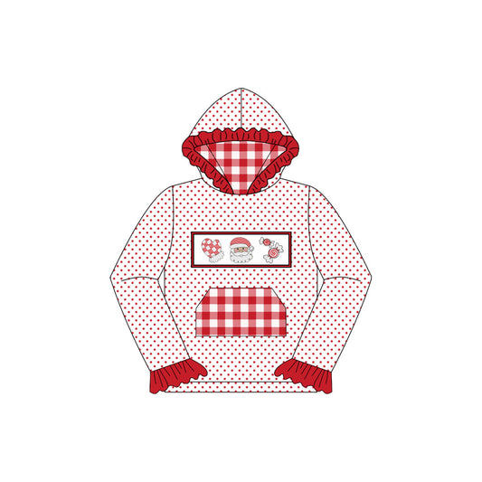 ( Moq 5 ) Preorder Baby Girl Long Sleeves Santa Candy Red Plaid Pocket Hoodie Christmas Shirt