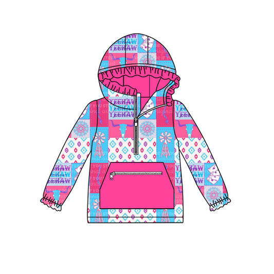 ( Moq 5 ) Preorder Baby Girl Long Sleeves Western Cow Aztec Hoodie Zipper Pocket Pullover Shirt