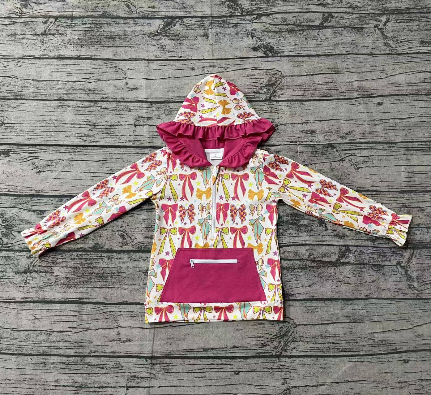 ( No moq ) Preorder Baby Girl Long Sleeves Colorful Bows Hoodie Zipper Pullover Tops