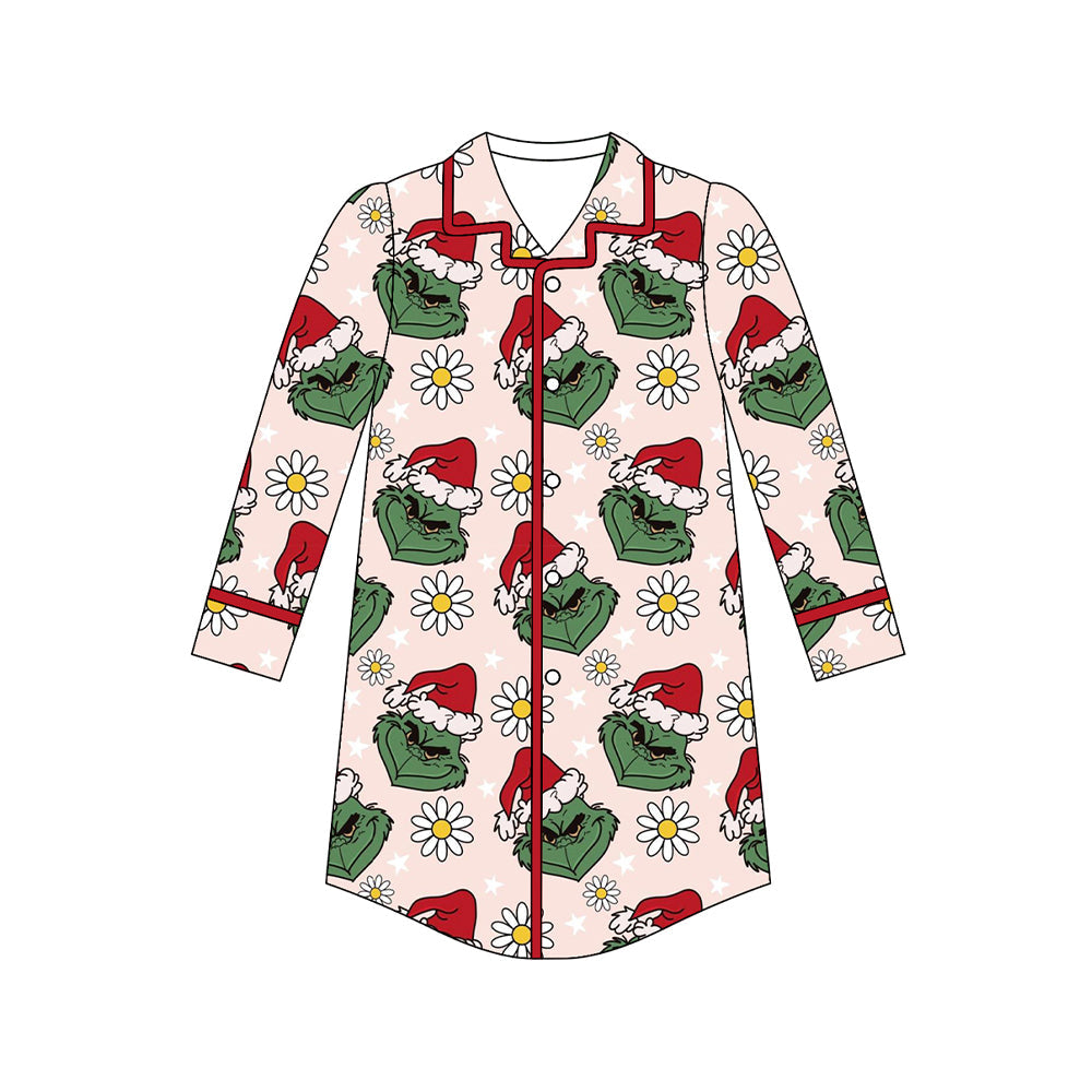 ( Moq 5 ) Preorder Adult Women Long Sleeves Green Face Flower Christmas Nightgown Pajamas Shirt