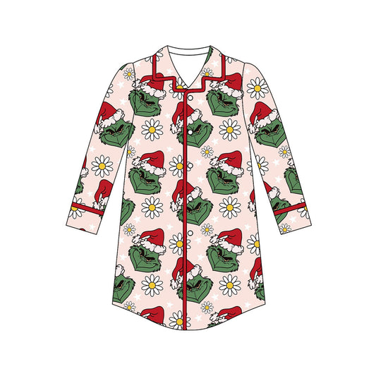 ( Moq 5 ) Preorder Adult Women Long Sleeves Green Face Flower Christmas Nightgown Pajamas Shirt