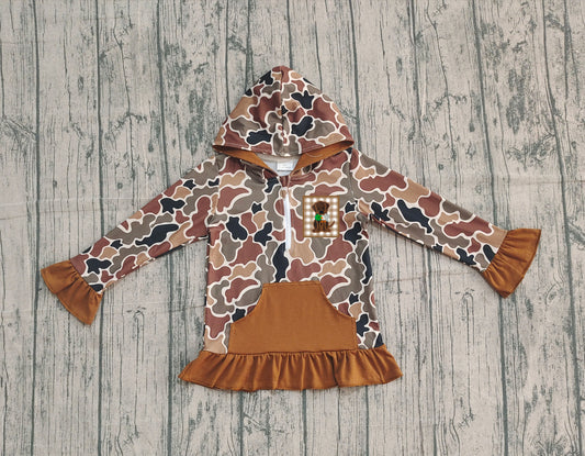 ( No moq ) Preorder Baby Girl Long Sleeves Embroidery Dog Hoodie Zipper Brown Camo Shirt