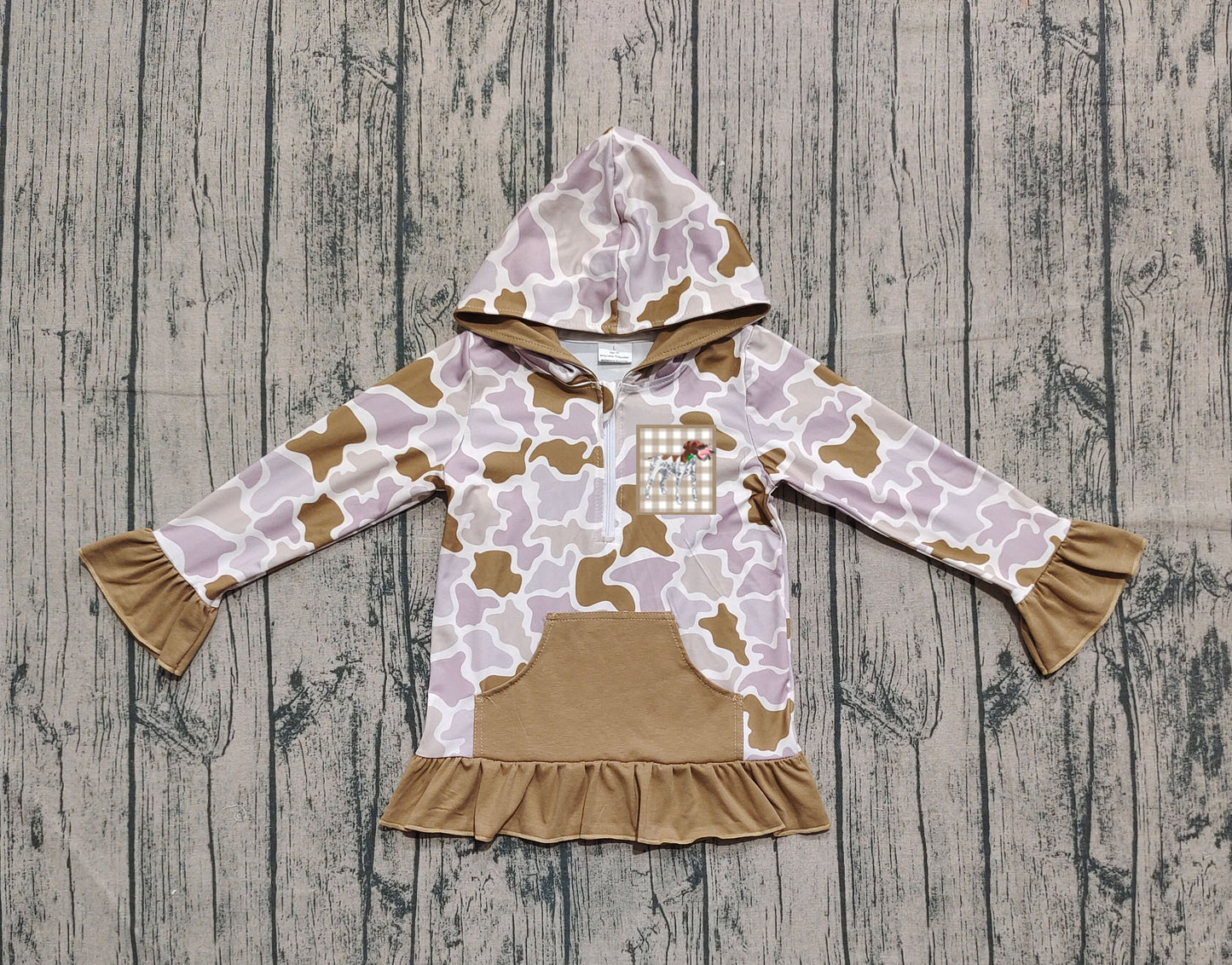 ( No moq ) Preorder Baby Girl Long Sleeves Embroidery Dog Hoodie Zipper Khaki Camo Shirt
