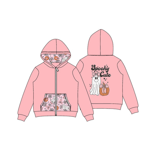 ( Moq 5 ) Preorder Baby Girl Long Sleeves Ghost Pumpkins Bows Spooky Halloween Hoodie Zipper Pockets Tops