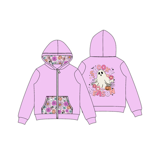 ( Moq 5 ) Preorder Baby Girl Long Sleeves Ghost Spooky Flower Halloween Hoodie Zipper Pockets Tops