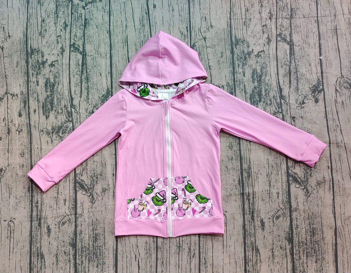 Baby Girl Pink Long Sleeves Green Face Christmas Hoodie Zipper Pockets Tops RTS