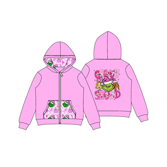 ( Moq 5 ) Preorder Baby Girl Pink Long Sleeves Green Face Christmas Hoodie Zipper Pockets Tops