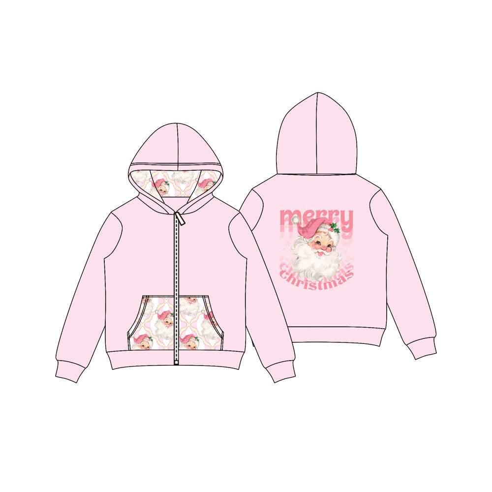 ( Moq 5 ) Preorder Baby Girl Pink Long Sleeves Santa Bows Christmas Hoodie Zipper Pockets Tops