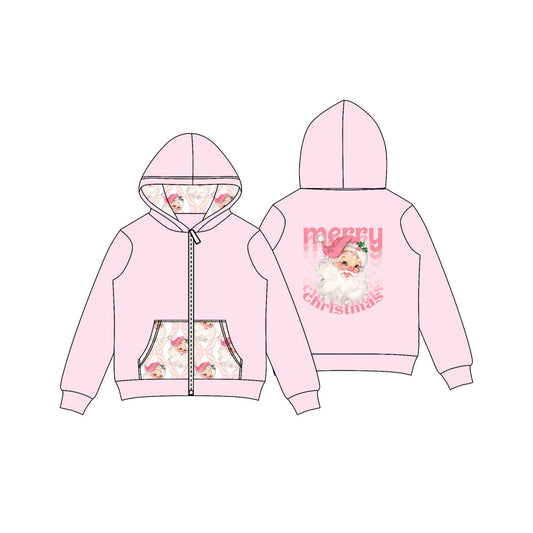 ( Moq 5 ) Preorder Baby Girl Pink Long Sleeves Santa Bows Christmas Hoodie Zipper Pockets Tops