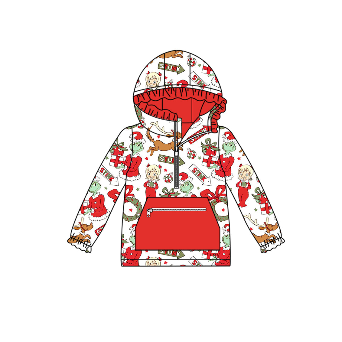( Moq 5 ) Preorder Baby Girl Long Sleeves Green Face Holly Hoodie Zipper Pocket Christmas Shirt Tops