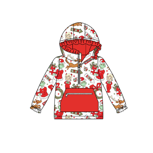 ( Moq 5 ) Preorder Baby Girl Long Sleeves Green Face Holly Hoodie Zipper Pocket Christmas Shirt Tops