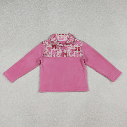 Sibling Baby Girl Pink Long Sleeves Bows Santa Zipper Fleece Pullover Christmas Shirt RTS