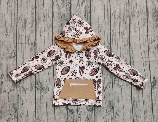 ( No moq ) Preorder Baby Girl Long Sleeves Flower Bows Football Pocket Zipper Hoodie Shirt Tops