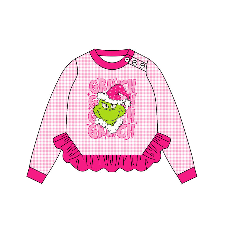 ( Moq 5 ) Preorder Baby Girl Long Sleeves Green Face Christmas Pink Plaid Ruffle Shirt