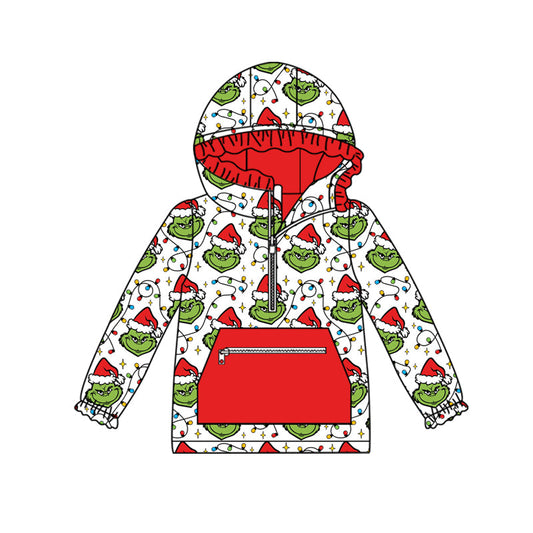 ( Moq 5 ) Preorder Baby Girl Long Sleeves Green Face Lights Zipper Pocket Hoodie Christmas Shirt