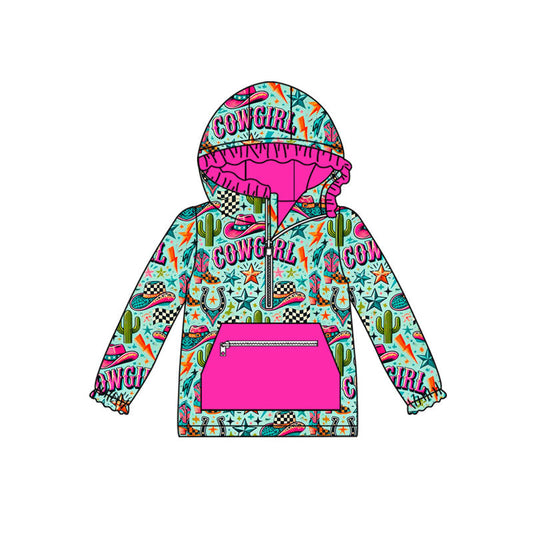 ( Moq 5 ) Preorder Girls Kids Cowgirl Cactus Hats Shirt Western Hoodie Zipper Pockets Tops