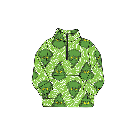 ( Moq 5 ) Preorder Kids Girls Long Sleeves Green Face Christmas Zipper Pocket Pullover Shirt