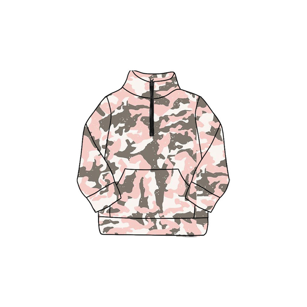( Moq 5 ) Preorder Baby Girl Long Sleeves Camo Zipper Pocket Pink Yoga Pullover Shirt