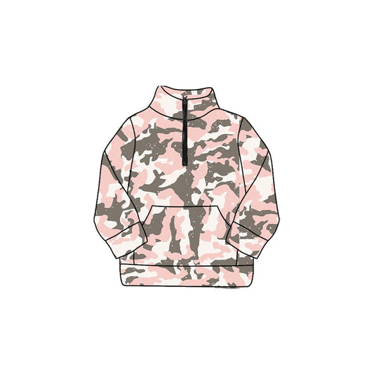 ( Moq 5 ) Preorder Baby Girl Long Sleeves Camo Zipper Pocket Pink Yoga Pullover Shirt