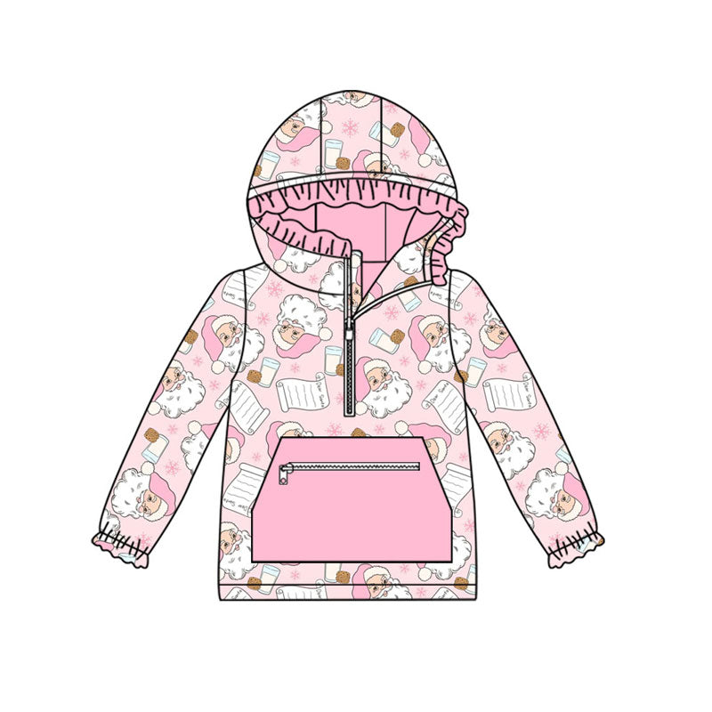 ( Moq 5 ) Preorder Baby Girl Santa Cookies Christmas Zipper Pocket Hoodie Pink Pullover Shirt