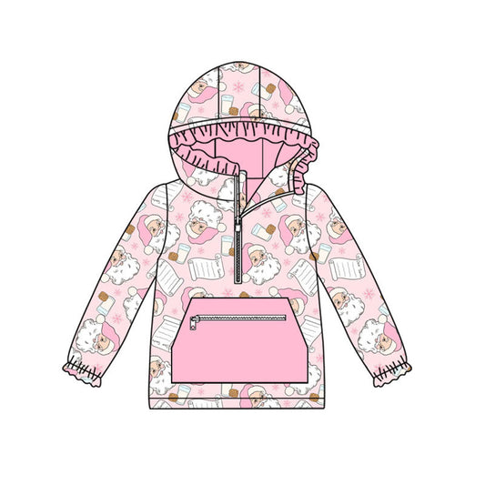 ( Moq 5 ) Preorder Baby Girl Santa Cookies Christmas Zipper Pocket Hoodie Pink Pullover Shirt