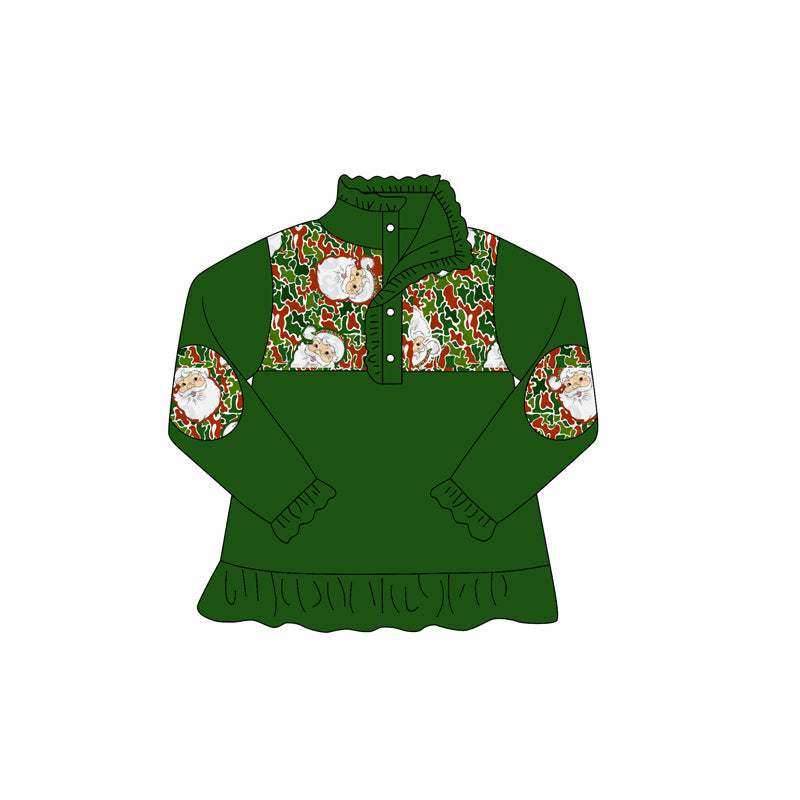 ( Moq 5 ) Preorder Girls Kids Santa Camo Christmas Buttons Green Ruffle Pullover Shirt