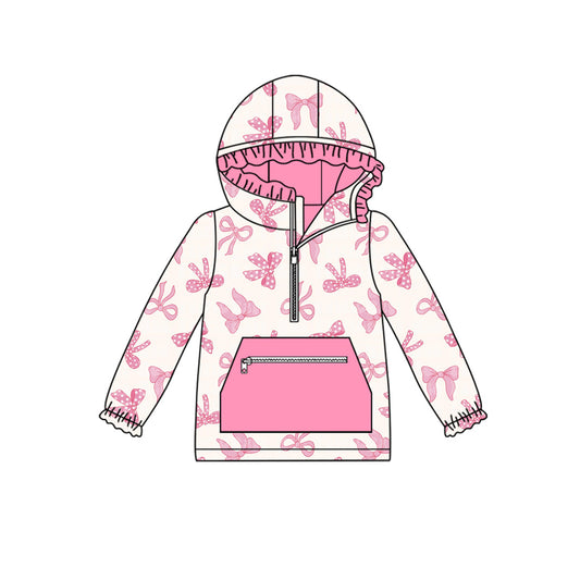 ( Moq 5 ) Preorder Girls kids Long Sleeves Pink Bows Zipper Pocket Hoodie Pullover Shirt