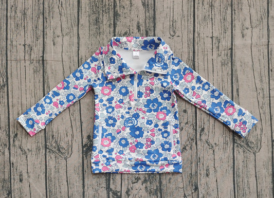 ( No moq ) Preorder Girls Kids Long Sleeves Flower Shirt Zipper Pockets Yoga Active Tops