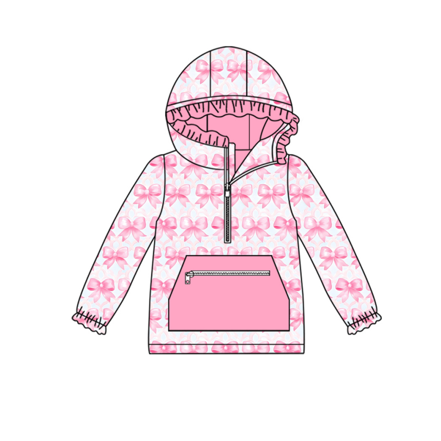 ( Moq 5 ) Preorder Baby Girl Pink Bows Zipper Pocket Hoodie Pullover Shirt Tops