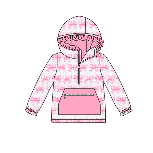 ( Moq 5 ) Preorder Baby Girl Pink Bows Zipper Pocket Hoodie Pullover Shirt Tops
