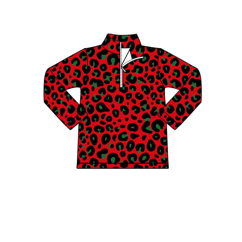 ( Moq 5 ) Preorder Girls Kids Long Sleeves Leopard Christmas Zipper Pullover Shirt